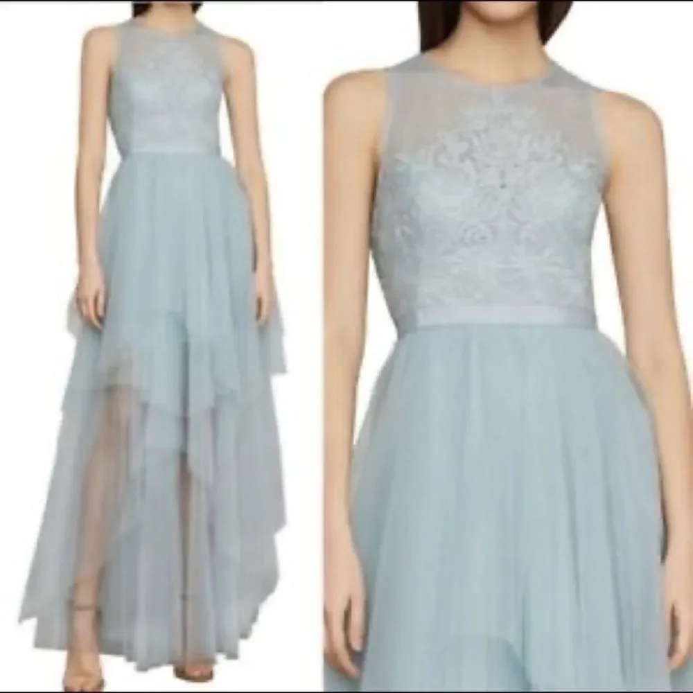 BCBGMAXAZRIA Sleeveless Embroidered Tulle Evening Gown Maxi Dress Light Blue 6